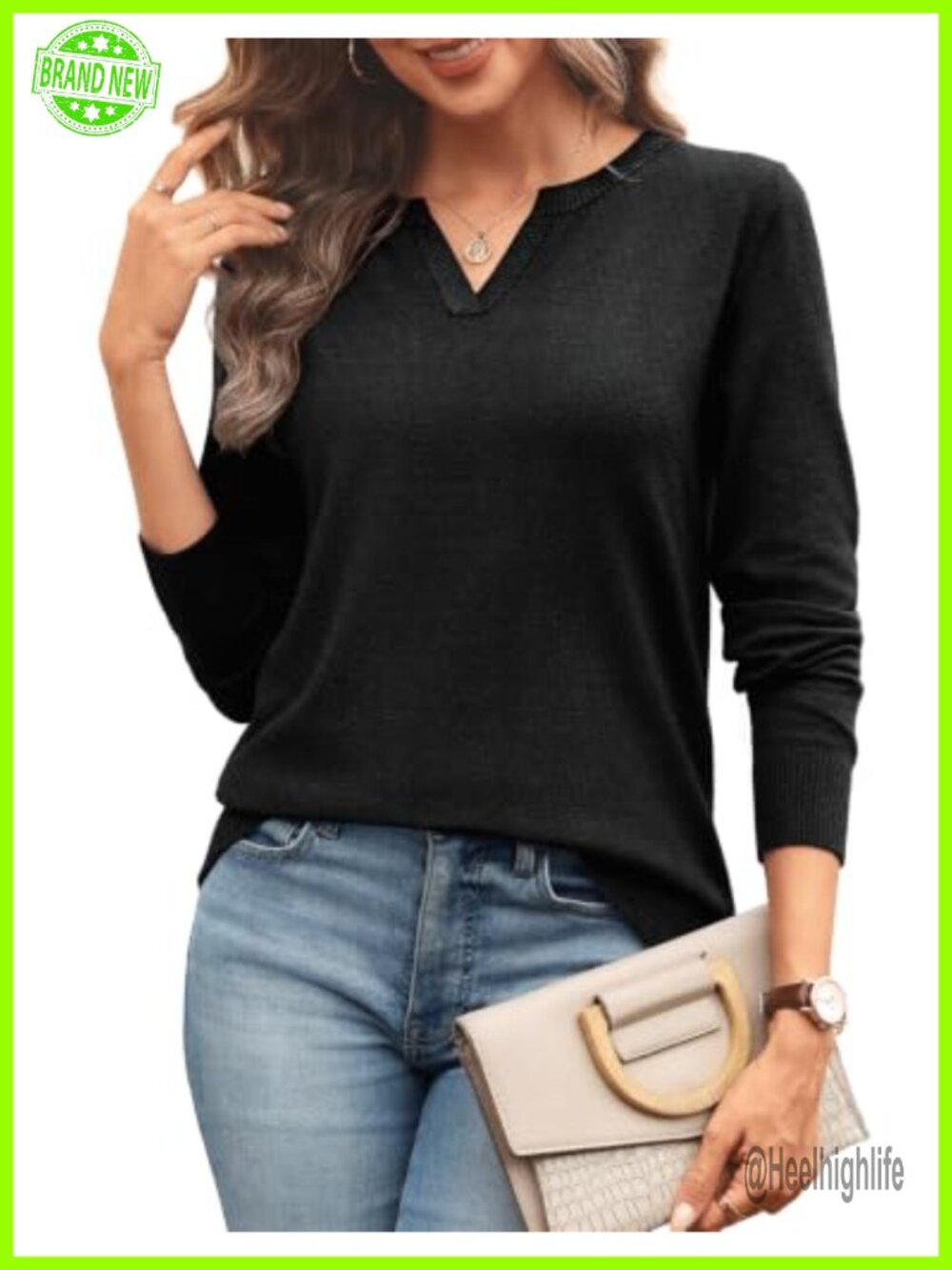 WIHOLL Women's Long Sleeve V-Neck Knit Pullover Sweater - Fall Winter